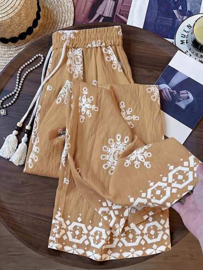 Damen Palazzo-Hose mit Boho-Stickerei und weitem Bein – Eleganter Freizeit-Look