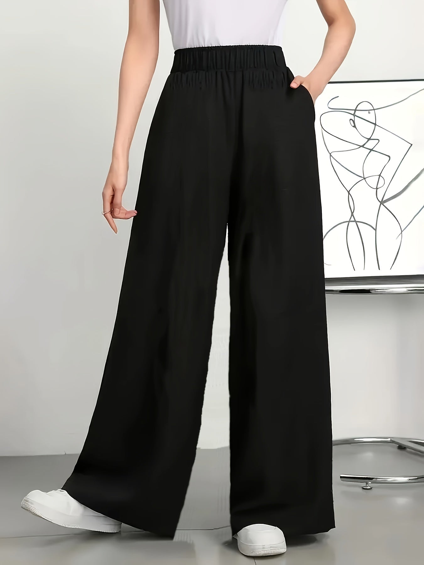 Damen Weite High Waist Freizeithose mit elastischem Bund – Elegante Relaxed Fit Hose für Alltag & Freizeit