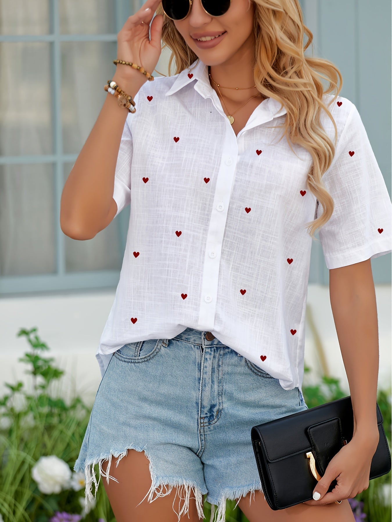 Damen Sommerbluse im Casual-Style mit Herzmuster – Perfekt für Alltag und Urlaub