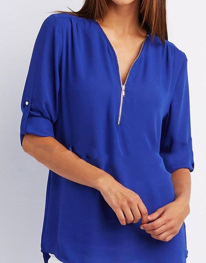 Patricia – Elegantes Damen V-Ausschnitt Shirt mit Reißverschluss