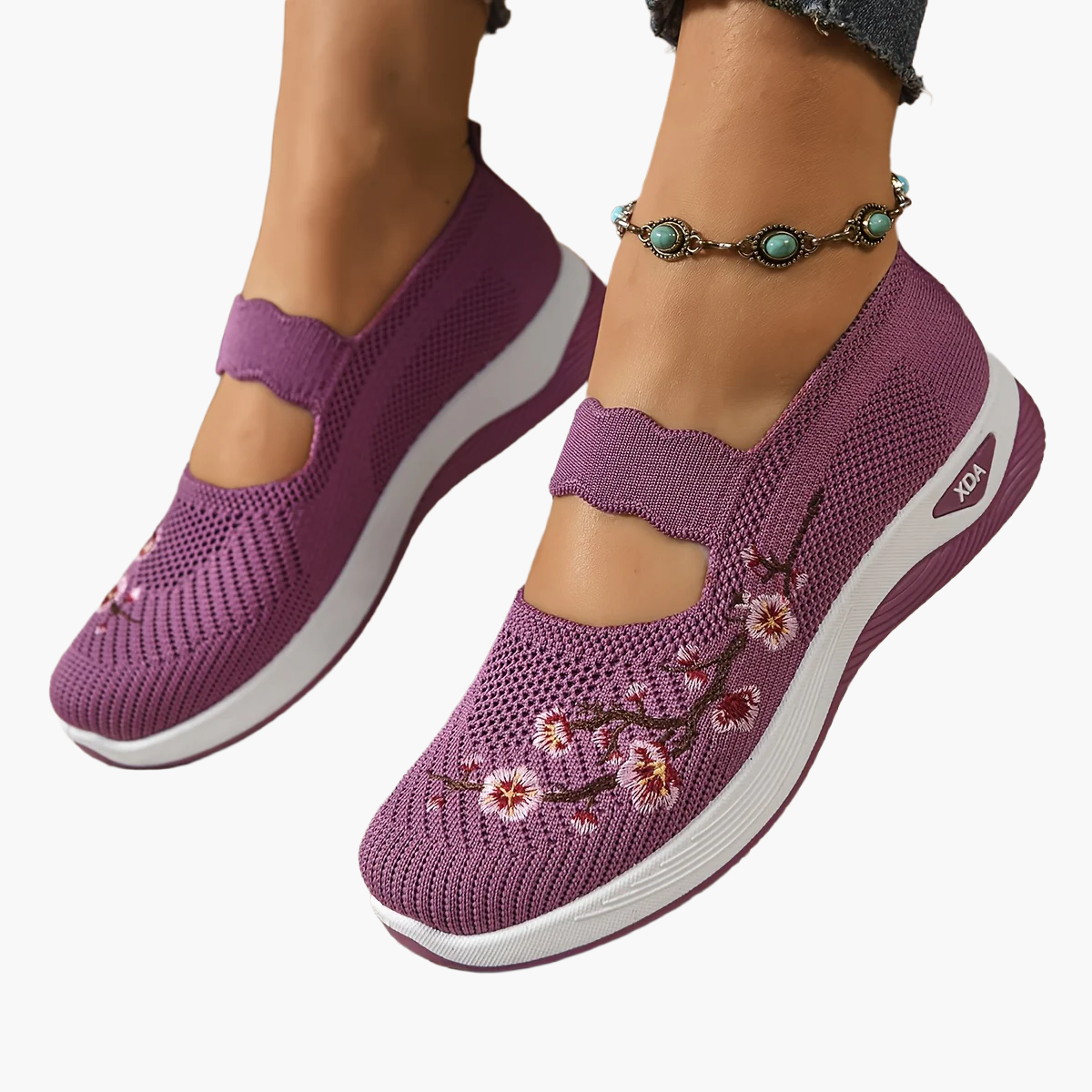 Damen Komfort-Sneaker mit Stickerei und Klettverschluss – Bequeme Freizeitschuhe für Alltag und Spaziergänge