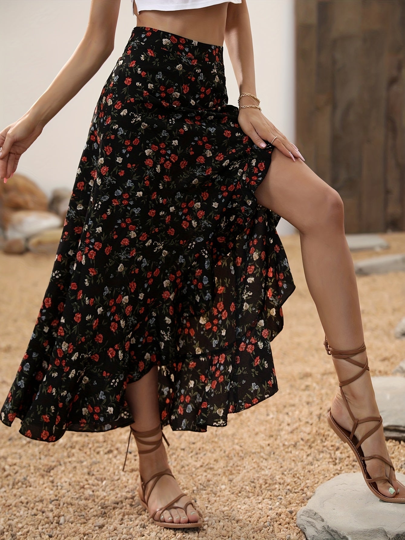 Damen Maxirock mit Blumenmuster und Volant, eleganter Sommerrock mit Schlitz