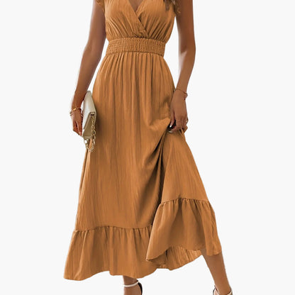 Damen Elegantes Maxikleid mit V-Ausschnitt und Rüschen – Perfekt für Sommer und besondere Anlässe