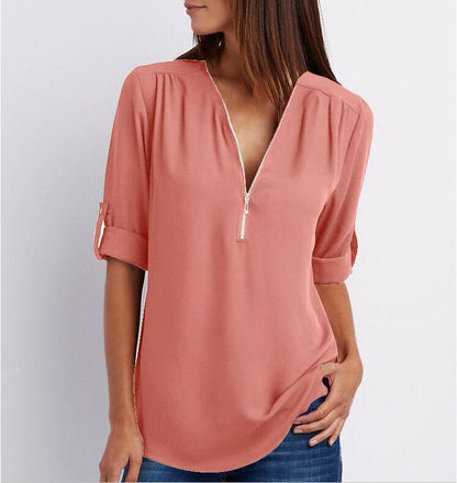 Patricia – Elegantes Damen V-Ausschnitt Shirt mit Reißverschluss