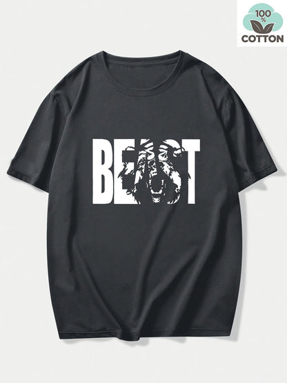Herren T-Shirt im Oversize-Stil mit „BEAST“-Print und Löwenmotiv – Urban Streetwear für Selbstbewusste