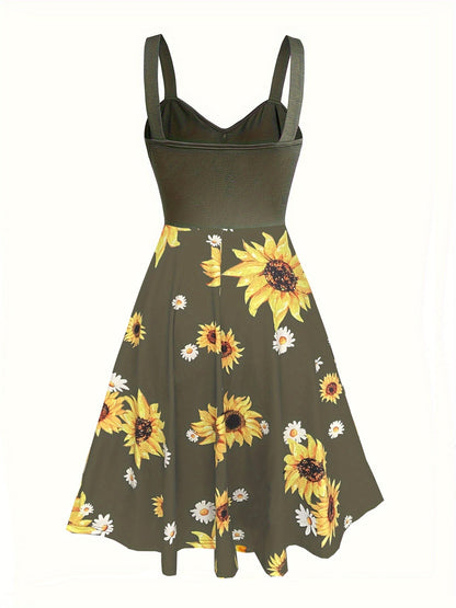 Damen Vintage Sonnenblumen Sommerkleid mit Knopfdetail und Trägern – Perfekt für Freizeit & Urlaub