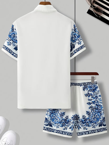 Herren Sommer Kurzarm Freizeit Set mit Blumenmuster – Zweiteiliges Hemd und Shorts, Perfekt für Urlaub & Strand
