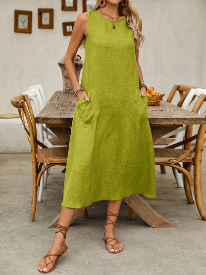 Damen Sommer Freizeitkleid ärmellos mit Taschen – Lockeres Midi Kleid für Alltag und Urlaub