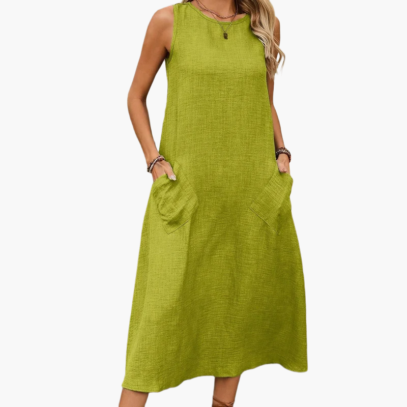 Damen Sommer Freizeitkleid ärmellos mit Taschen – Lockeres Midi Kleid für Alltag und Urlaub