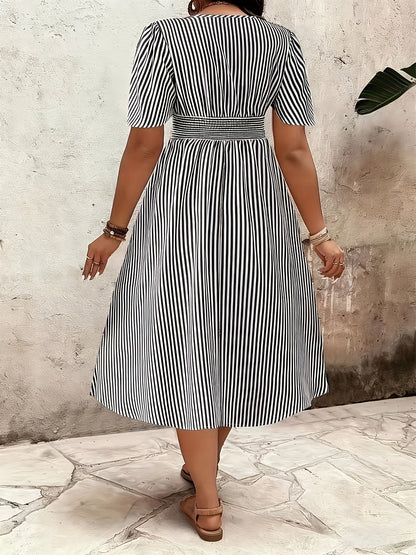 Damen Elegantes Streifen Midikleid mit Smokbund und V-Ausschnitt – Perfekt für besondere Anlässe