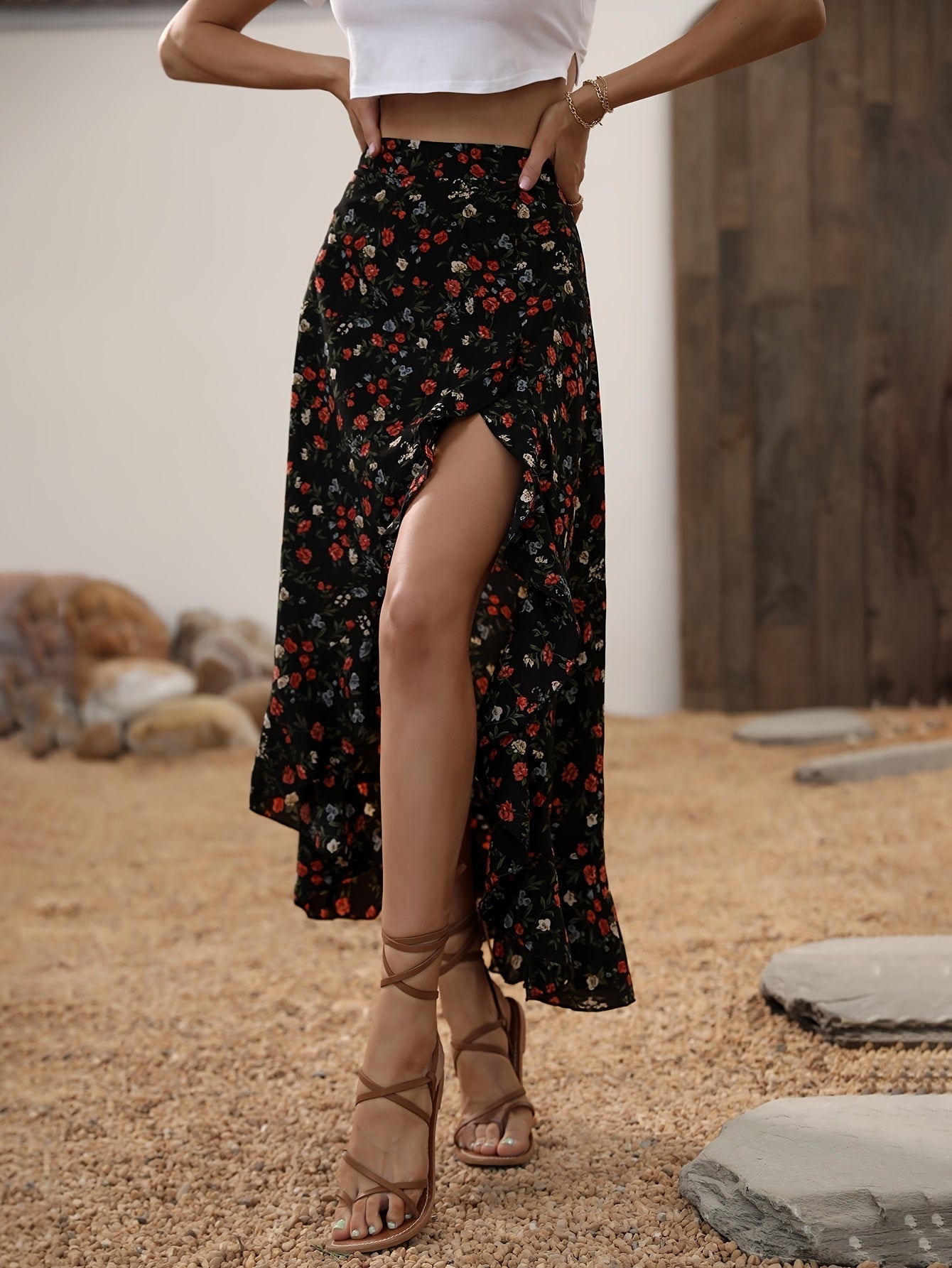 Damen Maxirock mit Blumenmuster und Volant, eleganter Sommerrock mit Schlitz