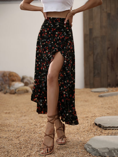 Damen Maxirock mit Blumenmuster und Volant, eleganter Sommerrock mit Schlitz