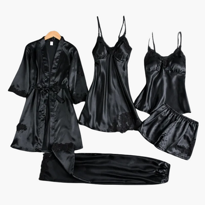Damen Luxus Nachtwäsche Set – 5-teiliges Satin Schlafanzug Set mit Kimono, Nachthemd, Top, Shorts und Hose – Eleganter Stil für Zuhause und besondere Anlässe