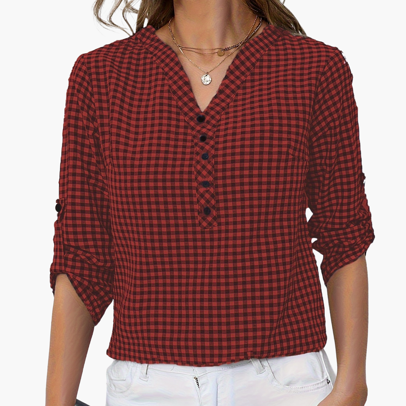 Damen Casual Karo Bluse mit Knopfleiste und 3/4-Ärmeln – Perfekt für Alltag & Freizeit