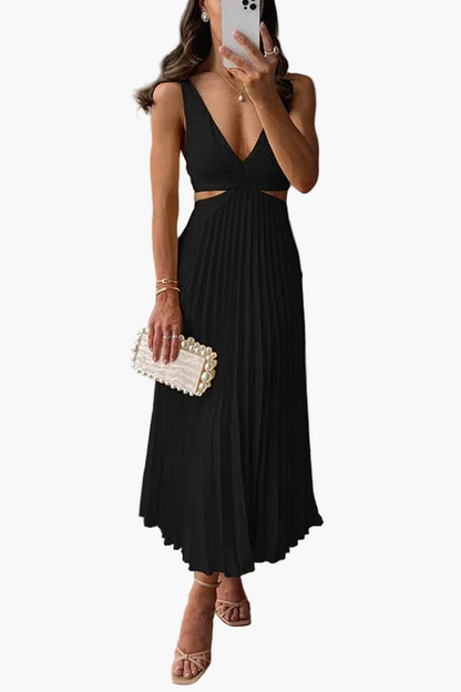 Damen Plissee-Midikleid Elegant – Festliches Abendkleid mit Faltenrock und Cut-Outs, Cocktail & Anlassmode
