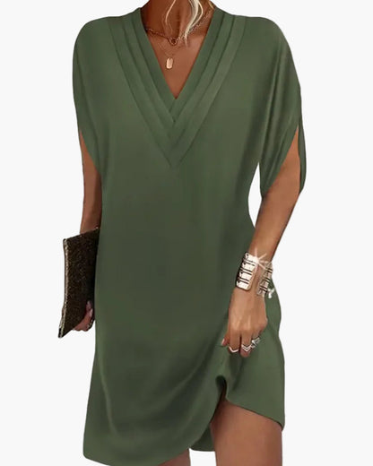 Damen Elegant Kleid mit V-Ausschnitt und Schlitzärmeln – Stilvoll für Alltag und Abend