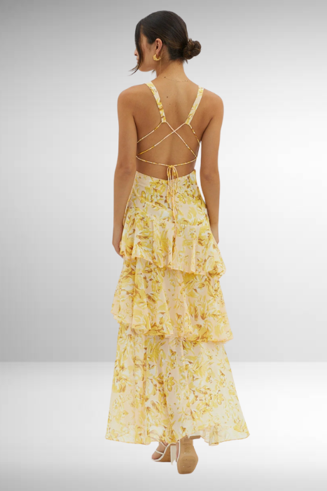 Damen Maxi Kleid mit Volants und tiefem V-Ausschnitt – Elegantes Sommerkleid für besondere Anlässe