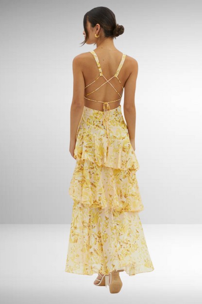Damen Maxi Kleid mit Volants und tiefem V-Ausschnitt – Elegantes Sommerkleid für besondere Anlässe