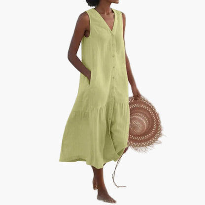 Damen Sommer Midikleid ärmellos V-Ausschnitt Strandkleid Freizeitkleid