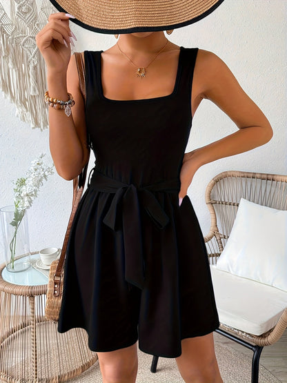 Damen Eleganter Jumpsuit mit Bindegürtel und eckigem Ausschnitt – Perfekt für Alltag und besondere Anlässe