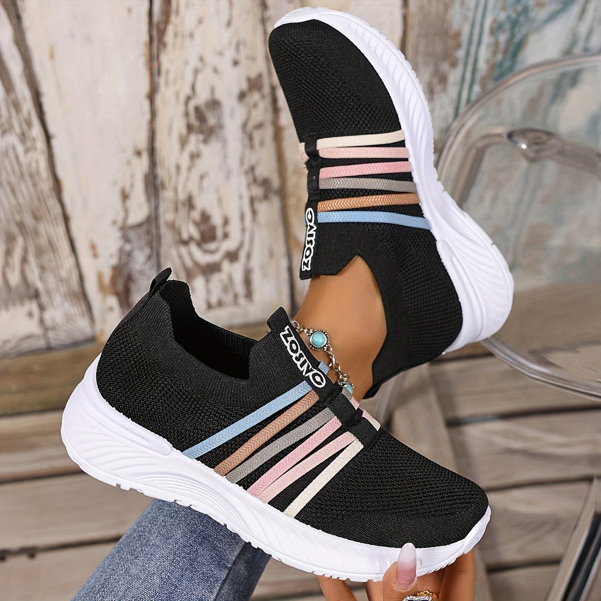 Damen Slip-On Sneakers Freizeit Bequeme Low-Top Schuhe mit Streifen-Design