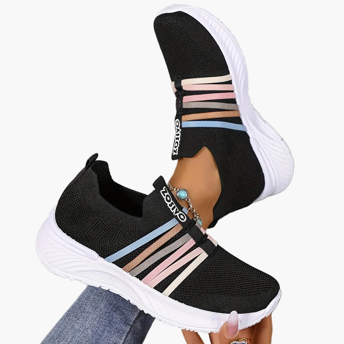 Damen Slip-On Sneakers Freizeit Bequeme Low-Top Schuhe mit Streifen-Design