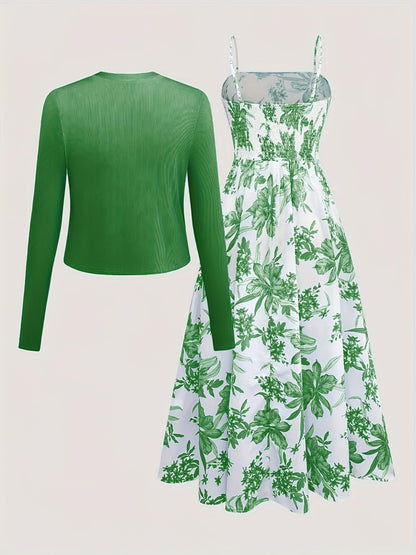Elegantes Damen Kleid mit Blumenmuster und passendem Cardigan Set