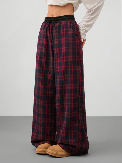 Damen Weite Freizeit-Hose mit Karomuster und Tunnelzug – Lässiger Streetstyle für Alltag & Wochenende