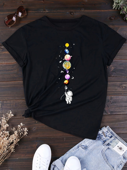 Damen T-Shirt mit Astronaut und Planeten – Casual Space Style für Alltag und Freizeit