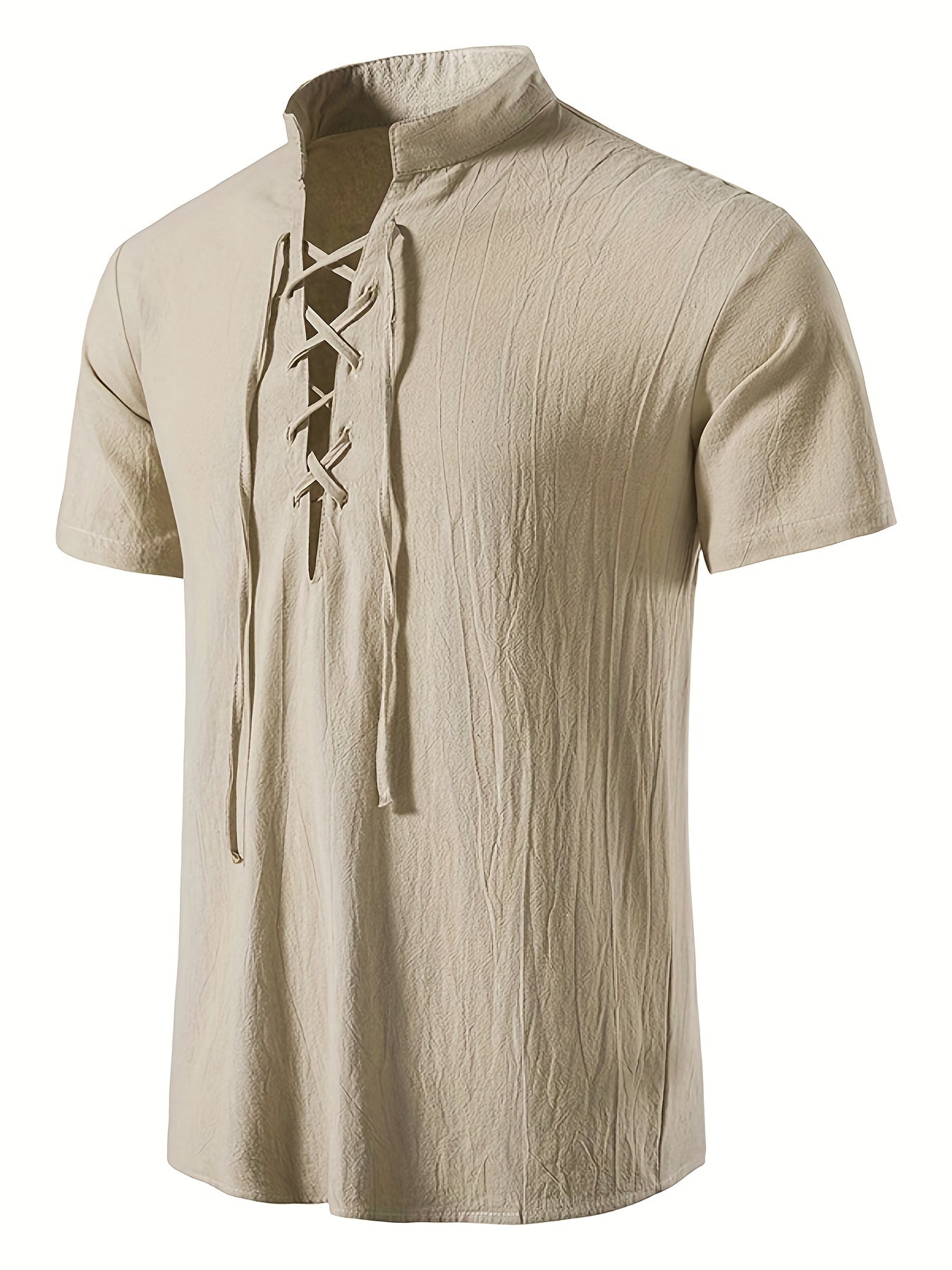 Herren Kurzarm Freizeithemd mit Schnürung und Stehkragen – Retro Sommer Oberteil