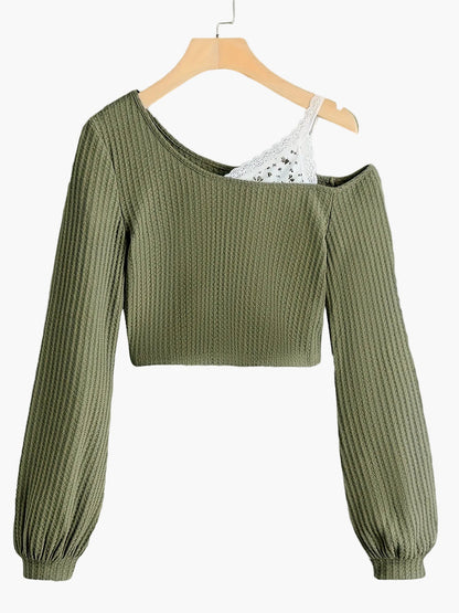 Damen Pullover im Asymmetrischen Schnitt mit Spitze und Einem Schulterfreien Design – Modischer Strickpulli für Alltag und Freizeit