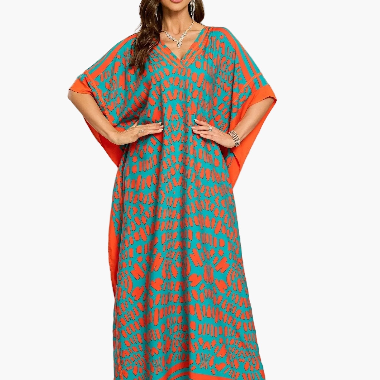 Damen Boho Maxikleid mit Kaftan-Schnitt und V-Ausschnitt – Elegantes Freizeitkleid für Sommer und Urlaub
