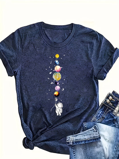 Damen T-Shirt mit Astronaut und Planeten – Casual Space Style für Alltag und Freizeit