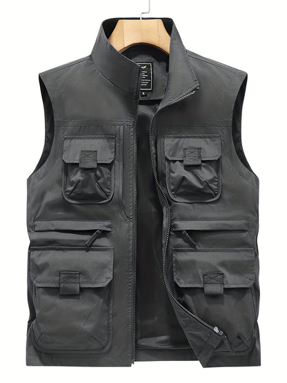 Herren Outdoor Utility Weste mit Stehkragen – Multifunktionsweste für Angeln, Wandern, Freizeit