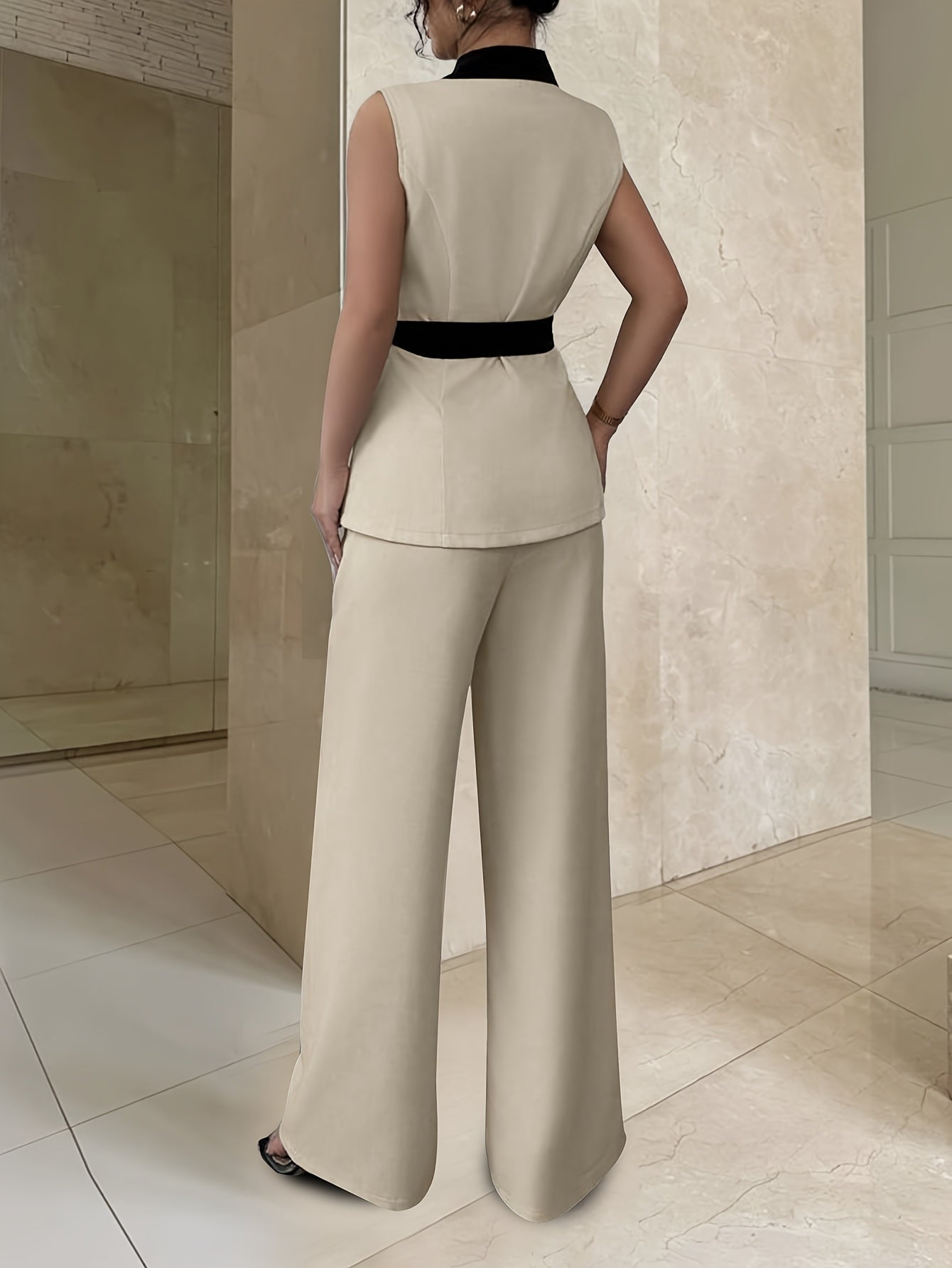 Damen Eleganter Business-Hosenanzug mit ärmellosem Blazer und Bindegürtel – Perfekt für Büro und festliche Anlässe