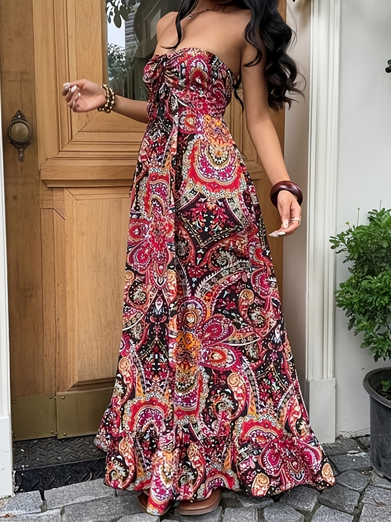 Damen Boho Maxikleid Bandeau mit Paisley Muster – Eleganter Freizeit-Look