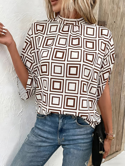 Damen Bluse mit Stehkragen und modernem geometrischem Muster, eleganter Business- und Freizeitstil