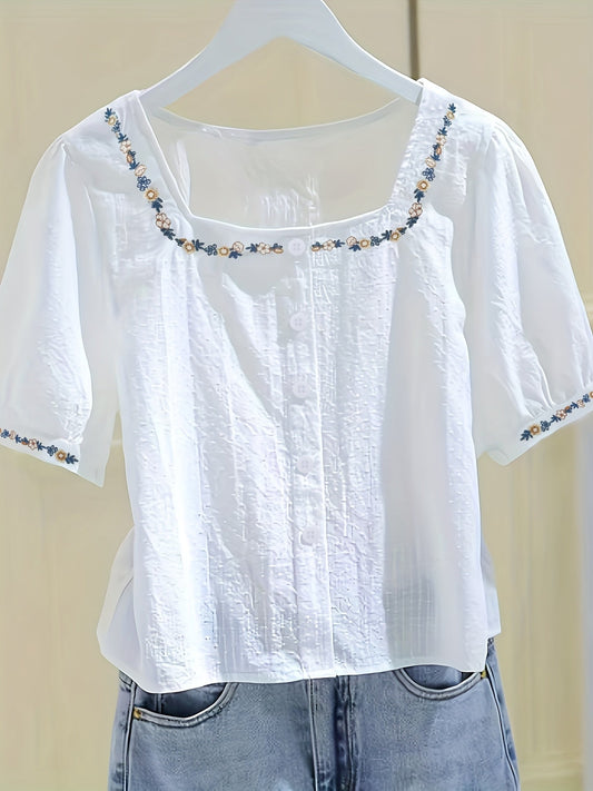 Damen Bluse mit Stickerei und Quadrat-Ausschnitt – Eleganter Sommerstil