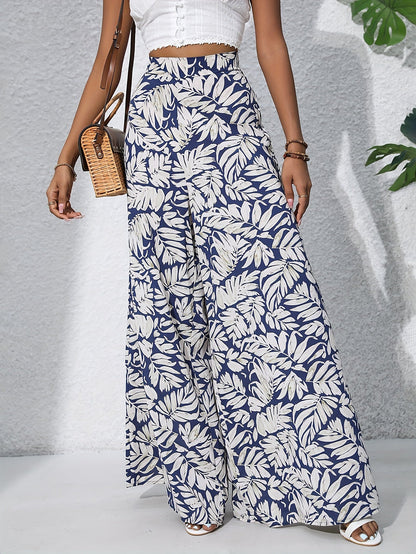 Damen Weite Palazzo-Hose mit tropischem Blattmuster – Sommerlich, Boho, Ideal für Strand & Freizeit