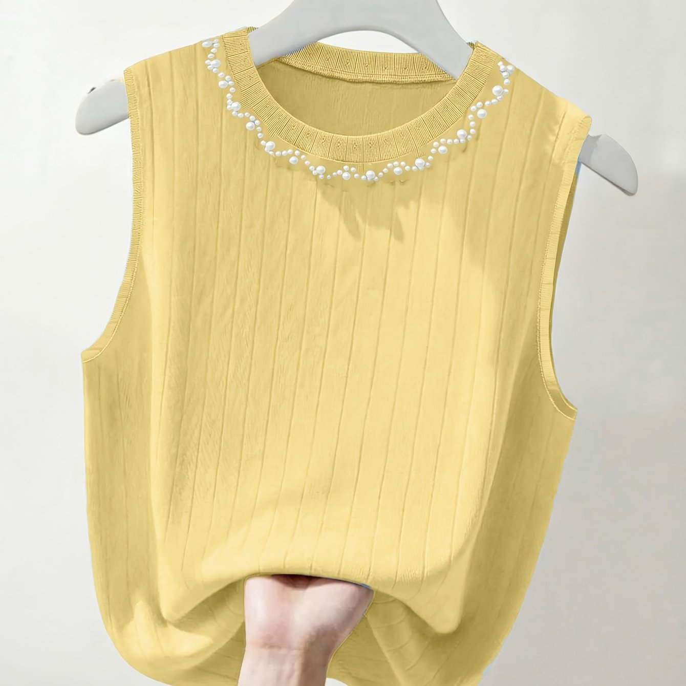 Damen Elegantes Stricktop mit Perlenbesatz, Ärmellos, Perfekt für Alltag und Büro