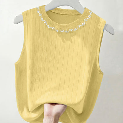 Damen Elegantes Stricktop mit Perlenbesatz, Ärmellos, Perfekt für Alltag und Büro