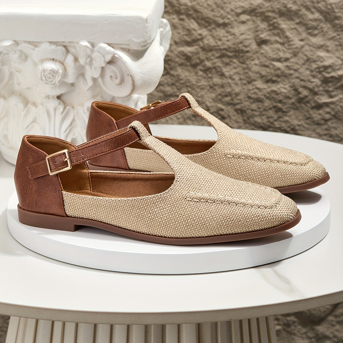 Damen T-Riemchen Ballerinas Elegant Komfort Alltag