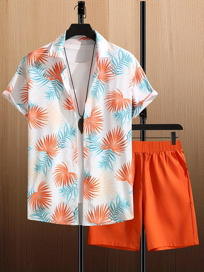 Herren Sommer Strand Set – Kurzarm Hemd & Shorts, Tropischer Print, Lässiger Look für Urlaub & Freizeit