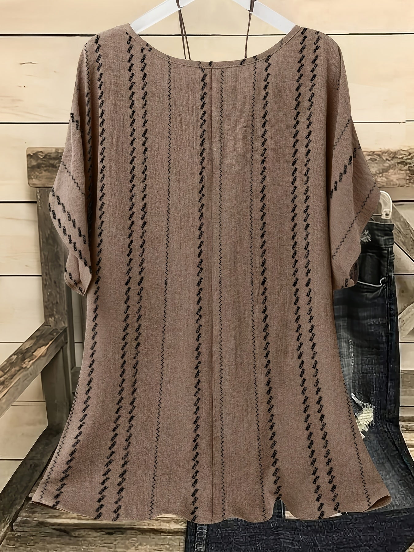Damen Boho Tunika mit Muster und Kurzarm – Lässige Oversize Bluse im Ethno-Stil