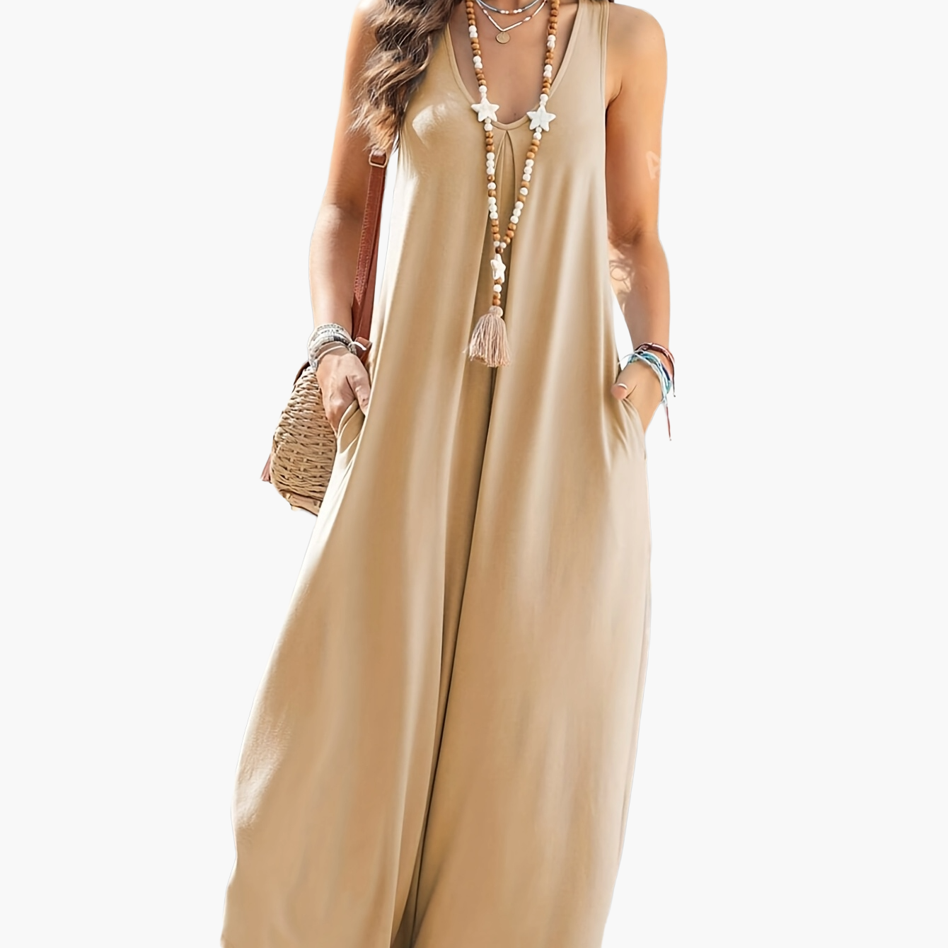 Damen Jumpsuit Sommer Weit Bein Ärmellos V-Ausschnitt Freizeit Overall mit Taschen