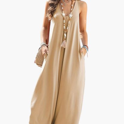 Damen Jumpsuit Sommer Weit Bein Ärmellos V-Ausschnitt Freizeit Overall mit Taschen
