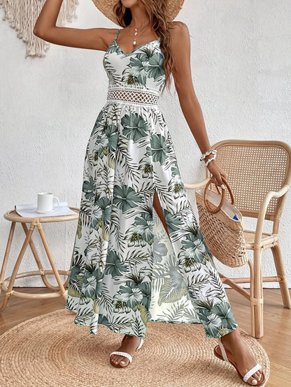 Damen Sommer Maxikleid Elegant mit Floralem Muster und Spaghettiträgern – Perfekt für Urlaub & Strand