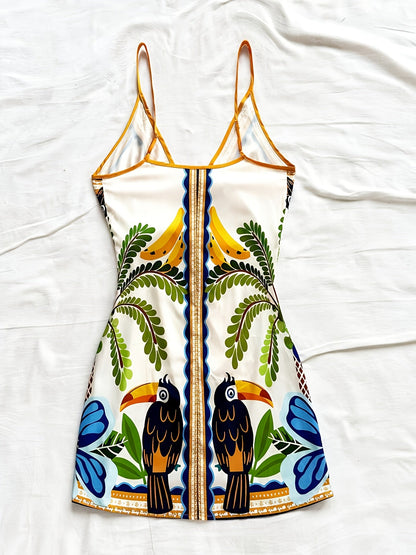 Damen Wickelkleid im Tropischen Stil mit Blumen- und Vogelmotiven