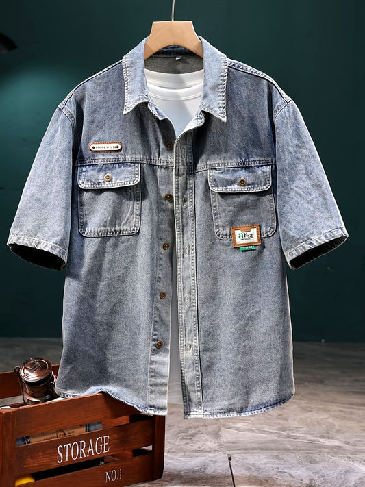 Herren Oversize Jeanshemd Kurzarm im Workwear Style – Vintage Freizeit Hemd mit Brusttaschen
