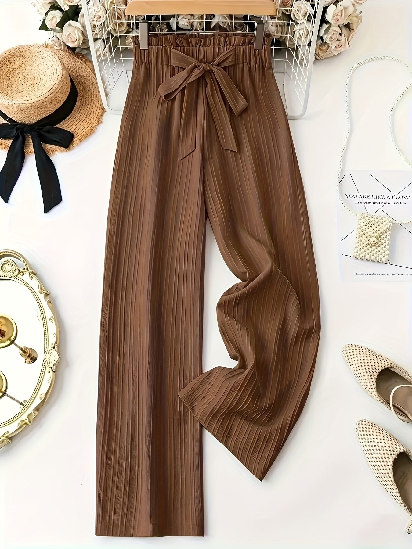 Damen Elegante Plissee-Hose mit Schleife – Weites Bein, Komfortbund, Lässig & Schick für Alltag und Büro